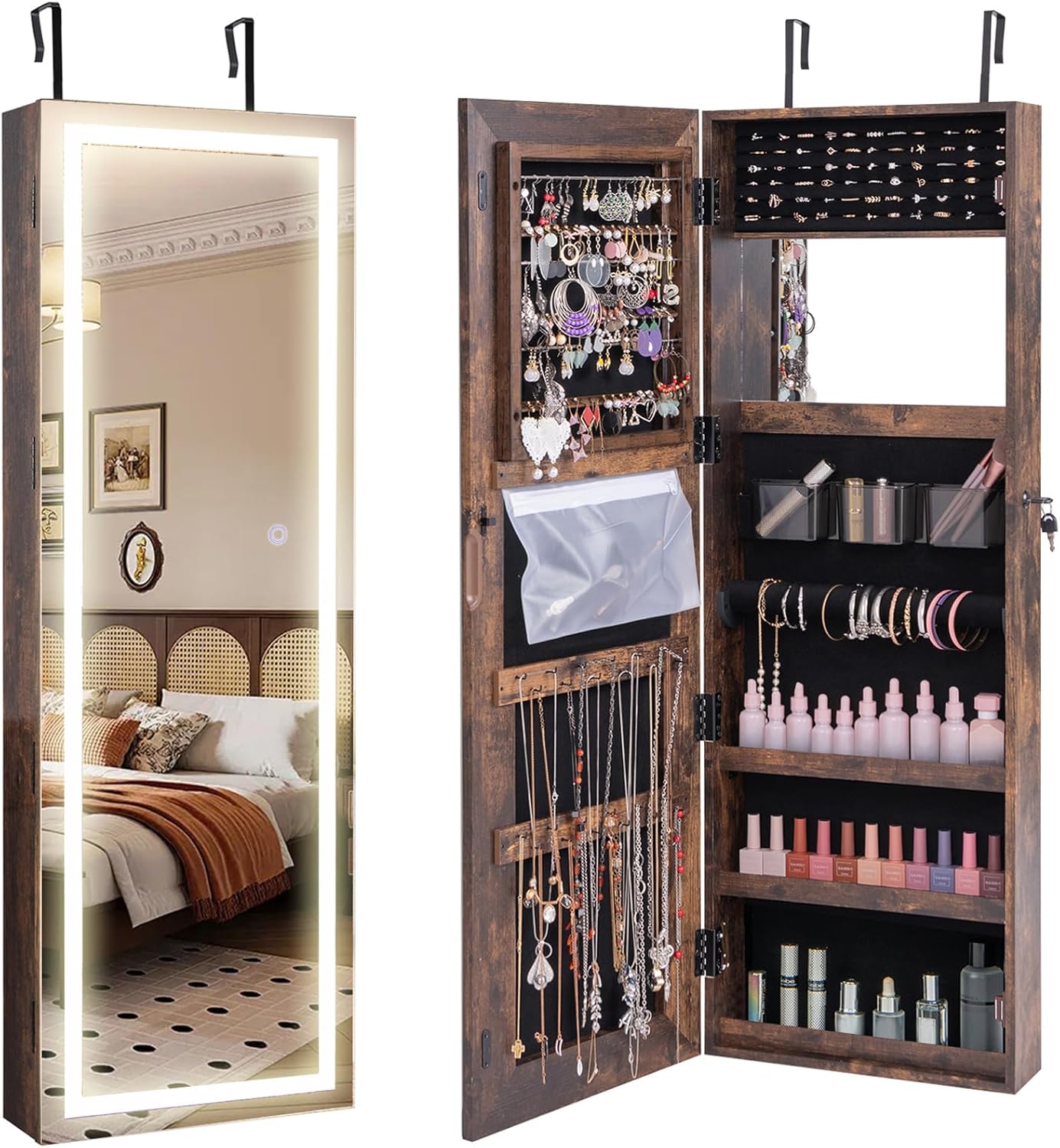 Full-Length Lighted Mirror Jewelry Cabinet with Drawers